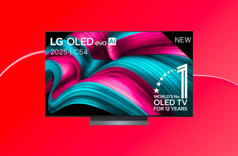Een OLED-tv op een rode achtergrond